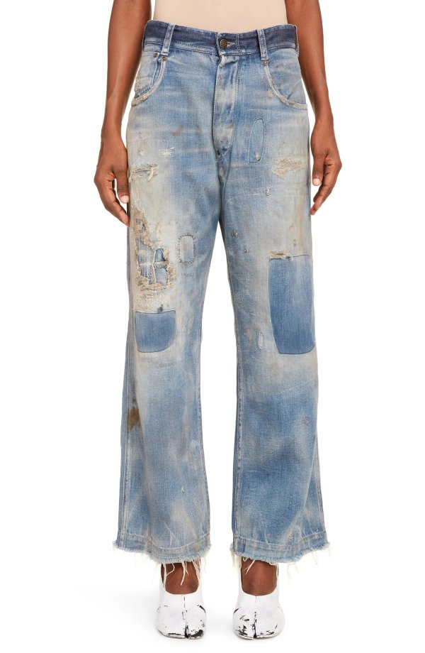 Distressed & Patched High Waist Ankle Boyfriend Jeans