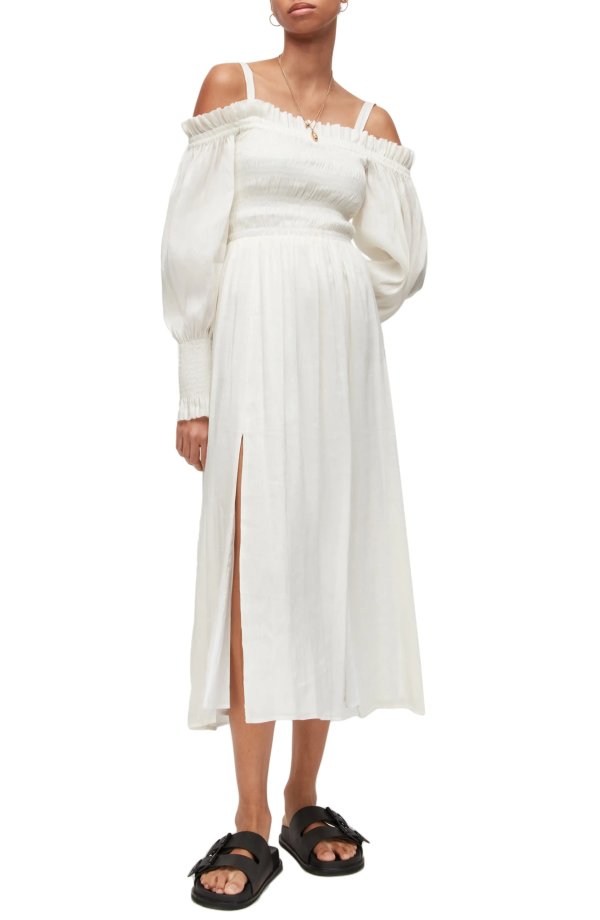 Lary Shirred Off the Shoulder Linen & Silk Dress