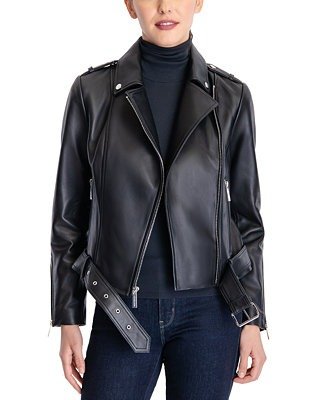 Petite Belted Leather Moto Coat, Created for Macy's