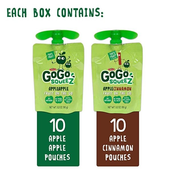 Applesauce on the Go, Variety Pack (Apple Apple/Apple Cinnamon), 3.2 Ounce (20 Pouches), Gluten Free, Vegan Friendly, Healthy Snacks, Unsweetened, Recloseable, BPA Free Pouches