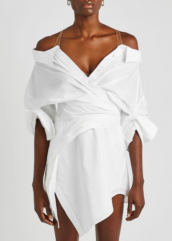 白色棉质混纺衬衫式连衣裙