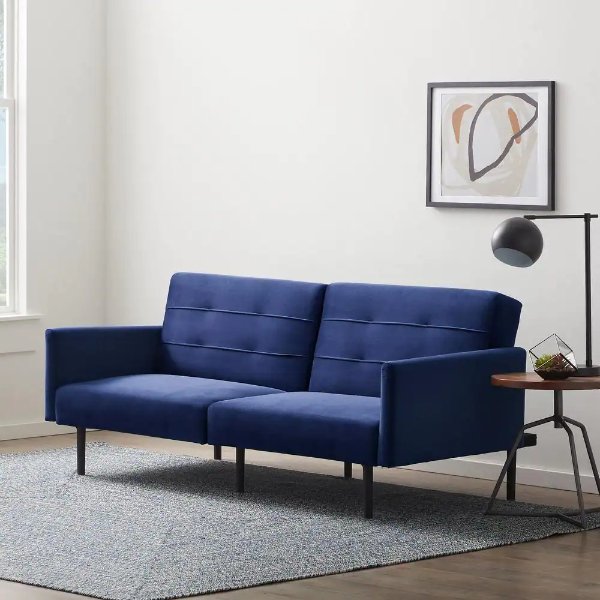 2- Piece Navy Velvet Futon Chair Sofa Bed with Buttonless Tufting