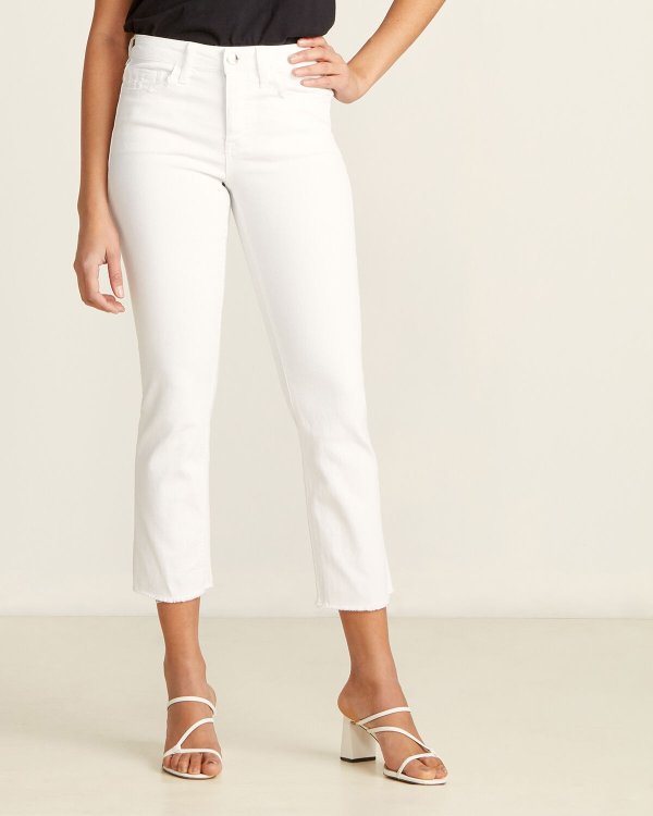 White Mid-Rise Raw Hem Slim Straight Jeans