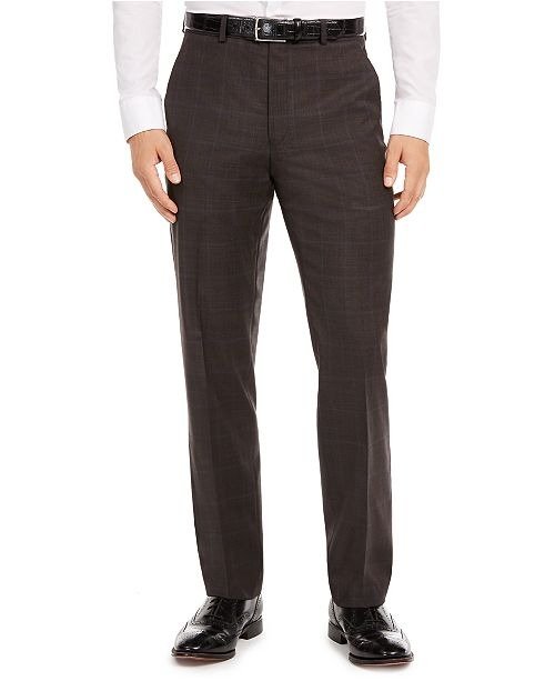 Men's Classic-Fit UltraFlex Stretch Brown/Blue Windowpane Suit Separate Pants