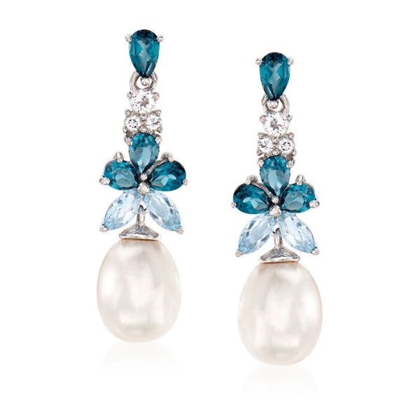 8.5-9mm Cultured Pearl and 2.30 ct. t.w. Blue and White Topaz Drop Earrings in Sterling Silver | Ross-Simons