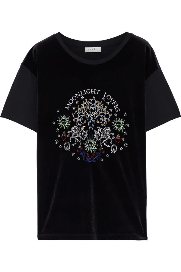 Embroidered jersey-paneled stretch-velvet T-shirt