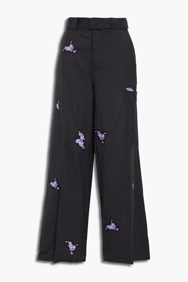 Belted embroidered wool-twill wide-leg pants