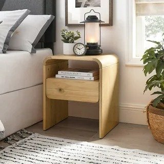 MUSEHOMEINC Modern Solid Wood Nightstand with for Bedroom, Modern Floating End table with One Storage Drawer and Open Shelf