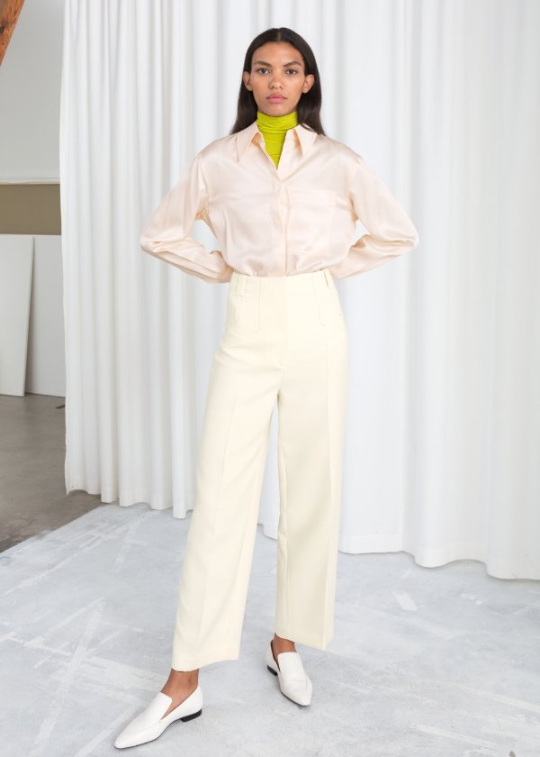 High Waisted Wool Blend Trousers - Cream - Wide Trousers - & Other Stories