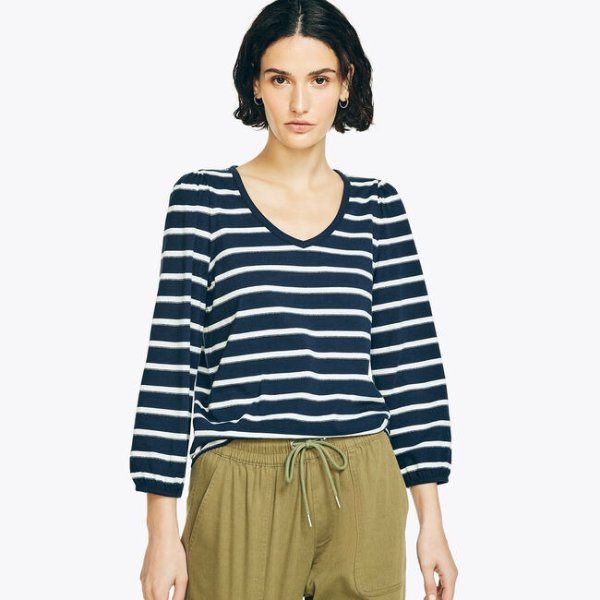SUSTAINABLY CRAFTED STRIPED V-NECK TOP
