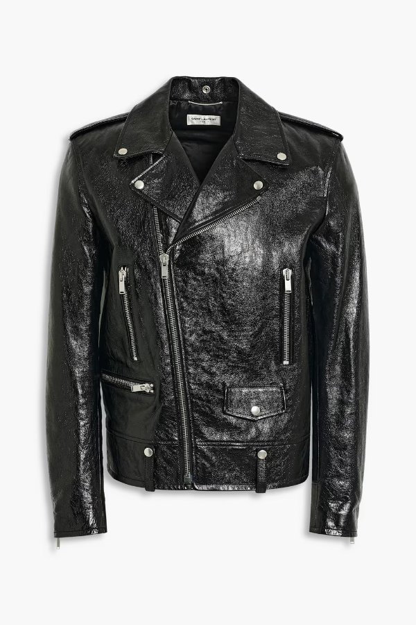 Glossed textured-leather biker jacket