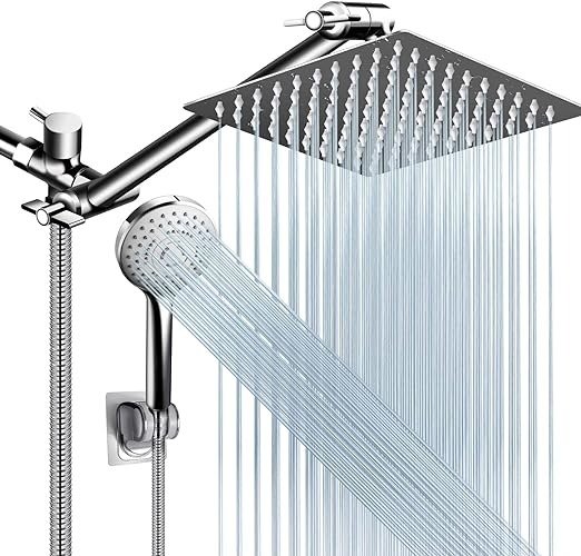 Shower Head Combo,8 Inch High Pressure Rain Shower Head with 11 Inch Adjustable Extension Arm and 5 Settings Handheld Shower Head Combo,Powerful Shower Spray Against Low Pressure Water with Long Hose