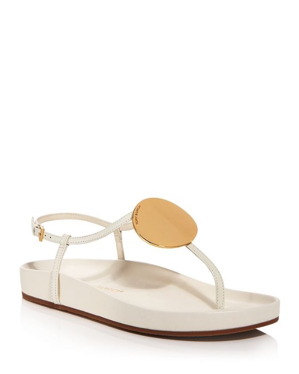 Women's Patos Gold Tone Medallion Leather Thong Sandals