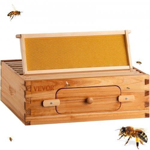 VEVOR Beehive Box Kit Bee Honey Hive 10 Frames 1 Medium Beeswax Natural Fir Wood Complete Beehive Kit, Dipped in 100% Natural Beeswax Includes 1 Medium Honey Super Box with Waxed Foundations, for Beginners & Pro Beekeepers | VEVOR US