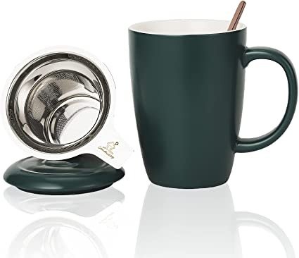 Ceramics Tea Cup with Loose Leaf Infuser, Spoon and Lid, 13oz, Candiicap Large Tea infuser Mug for Tea, Coffee, Milk-Microwave and Dishwasher Safe(13oz,Matte Green)