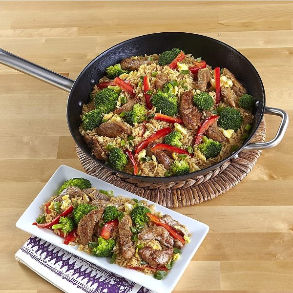 Imusa USA 14" Light Cast Iron Wok Pre-seasoned Non-Stick with Stainless Steel Handles Cookware