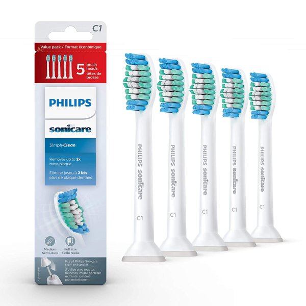 Genuine Philips Sonicare Simply Clean Replacement Toothbrush Heads, 5 Pack, HX6015/03
