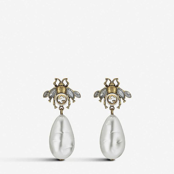 Bee crystal embellished and drop pearl earrings