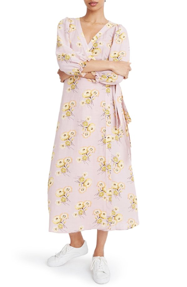 Dandelion Print Ruffle Cuff Linen Blend Wrap Dress