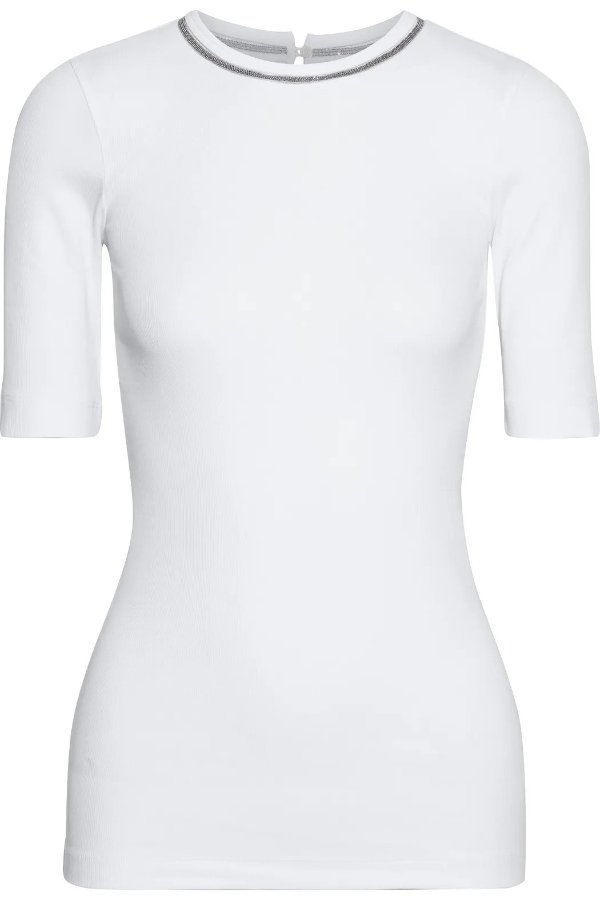 Bead-embellished ribbed stretch-cotton jersey top