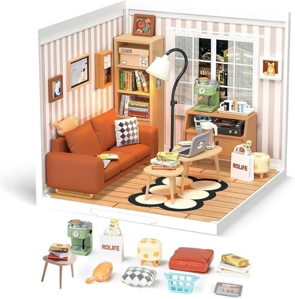 DIY Miniature Plastic House Building Set Toys Playset with LED Suitable for Mini Figures Construction Toys Diorama Kit Gifts for Teens Adults (Cozy Living Lounge)