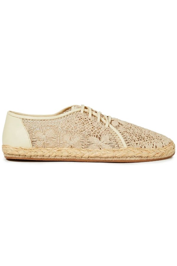 Leather-trimmed crocheted cotton espadrilles