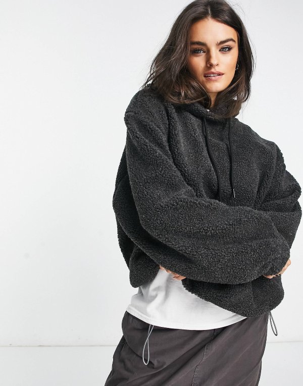 oversized hoodie in fleece in charcoal