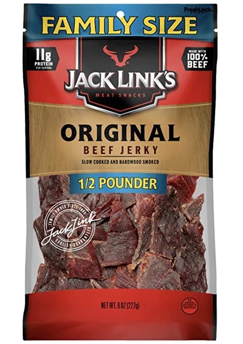 Jack Link’s Beef Jerky, Original, ½ Pounder Bag – Flavorful Meat Snack, 11g of Protein, 80 Calories, Made with 100% Premium Beef - 96% Fat Free, No Added MSG and No Added Nitrates/Nitrites