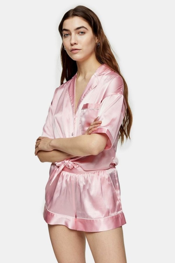 Pink Tie Satin Shirt and Shorts Pajama Set