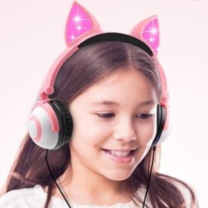 儿童可折叠有线耳机，带可爱会发光耳朵