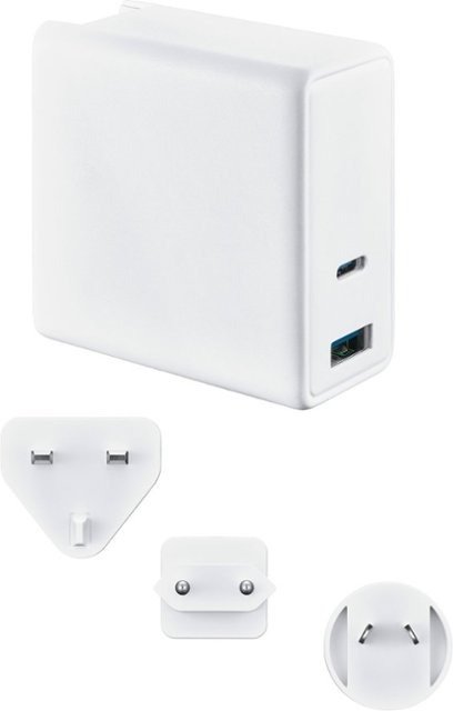 Insignia™ - 72.5W 2-Port USB-C/USB Foldable Wall Charger with International Plugs for Laptops, Smartphone, Tablet and More - White