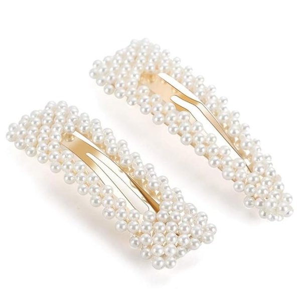 2 Pack Pearl Hair Clips Large Hair Pins Barrette Ties for Women Girls, Handmade Fashion Pearl Hair Accessories Hair Clips for Party Wedding Daily (2 Pcs A)