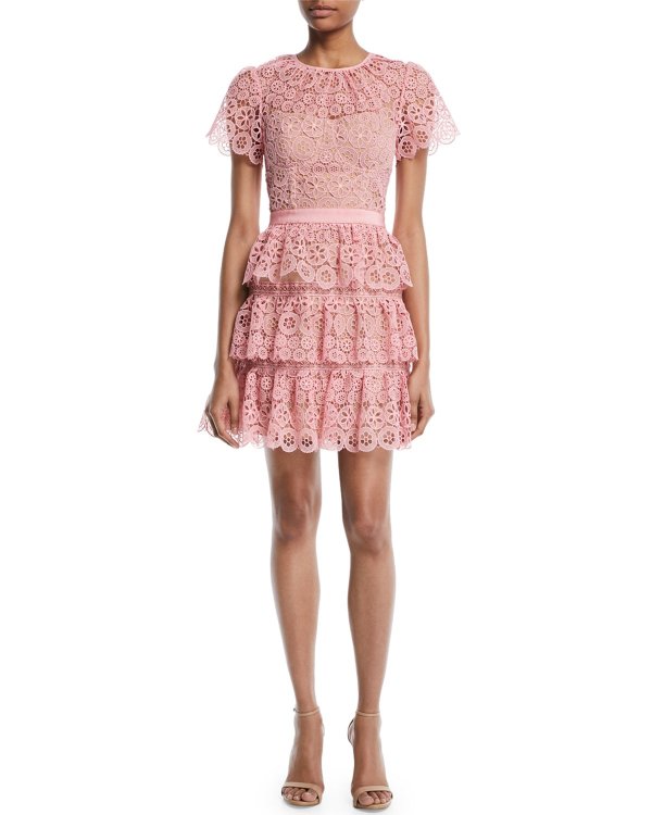 Tiered Lace Scalloped Mini Cocktail Dress