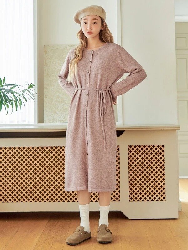 DAZY Solid Button Through Belted Sweater Dress