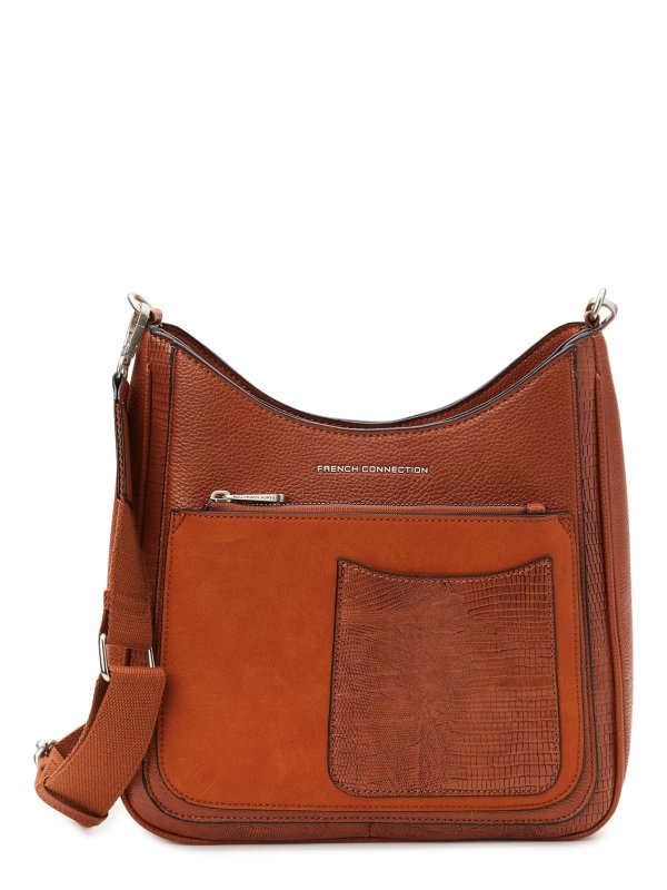 French Connection Women's Tamsin Mixed Media Crossbody Bag, Brown