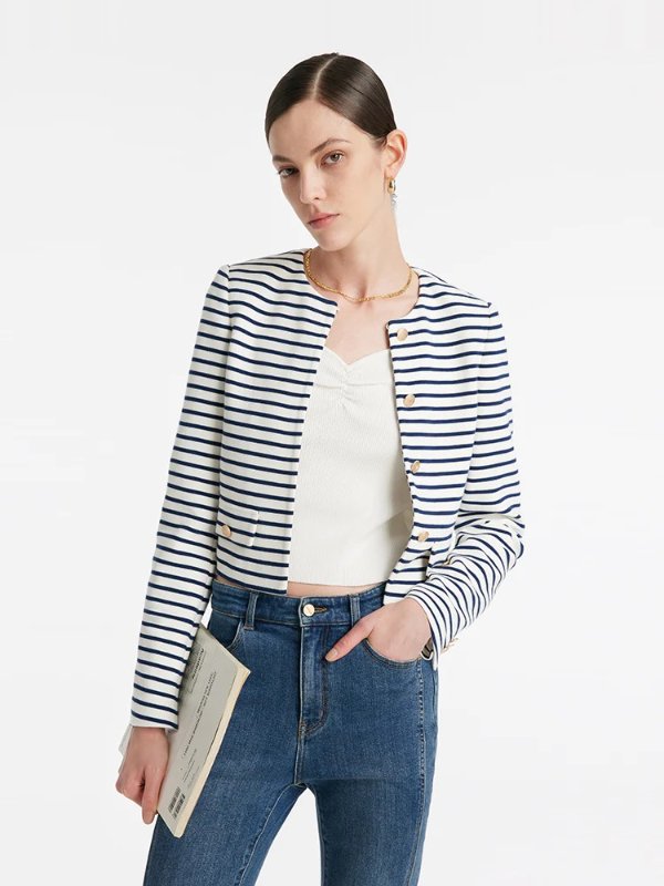 Cotton Striped Single-Breasted Women Crop Jacket