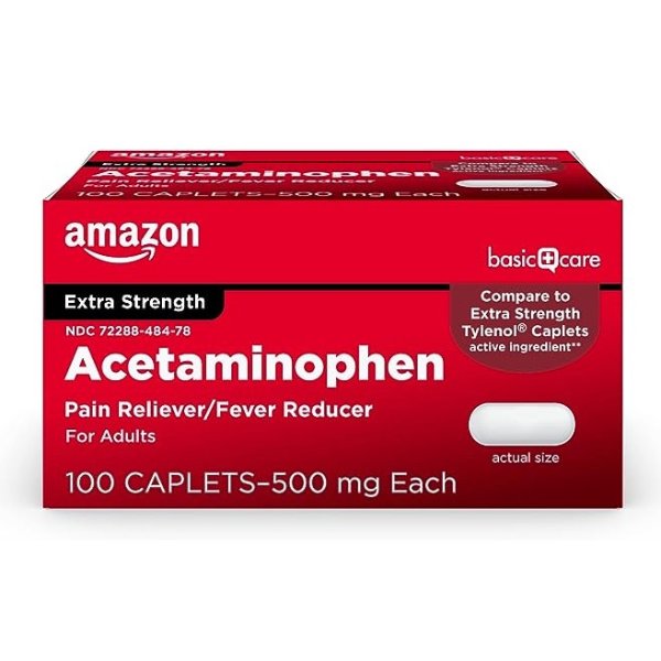 Amazon Basic Care Extra Strength Pain Relief, Acetaminophen Caplets, 500 mg, Pain Reliever/Fever Reducer, 100 Count