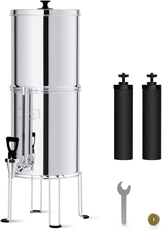 Gravity-fed Water Filter System, NSF/ANSI 372 Certification, 2.25G Stainless-Steel System with 2 Filters, Metal Water Level Spigot and Stand, Reduces Chlorine-King Tank Series, WD-TK-S