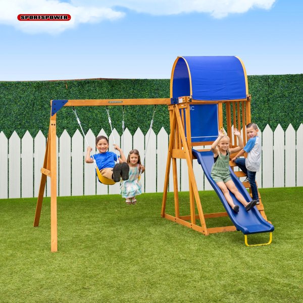 Addison Wooden Swing Set with Heavy Duty Double A-Frame & 6' Double Wall Slide
