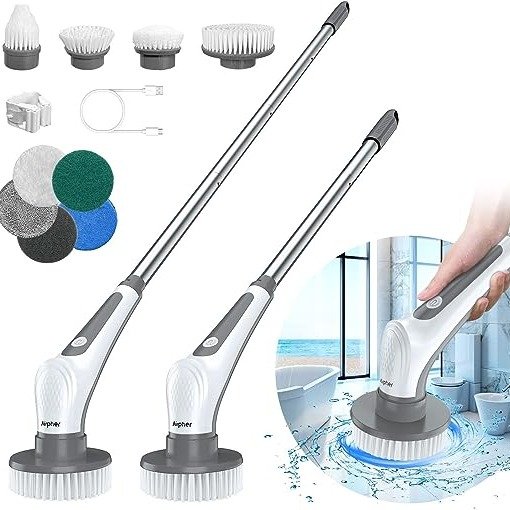 Airpher Electric Spin Scrubber, 10 in 1 Airpher Cordless Cleaning Brush IPX8 with 9 Replaceable Brush Heads and 4 Tier Removable Handle
