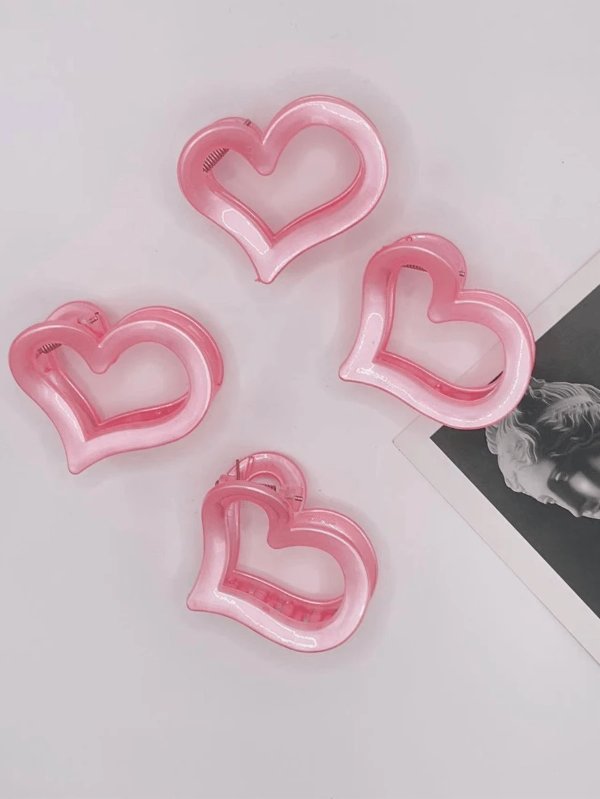 4pcs Ladies' Acrylic Pink Heart Hair Claws For Valentine'S Day, Can Be Given As A Gift To Your Loved One Or As A Sweet Little Thing Between Lovers