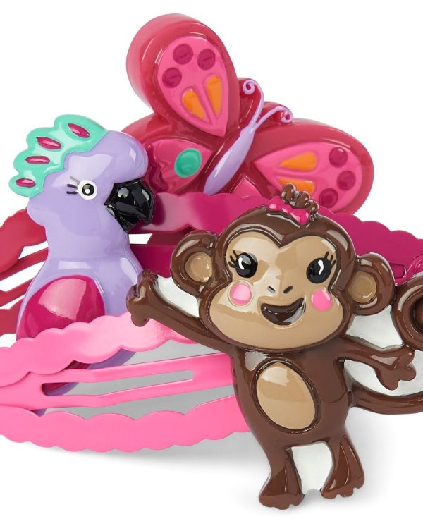 Girls Monkey Parrot And Butterfly Hair Clip 3-Pack - Summer Safari