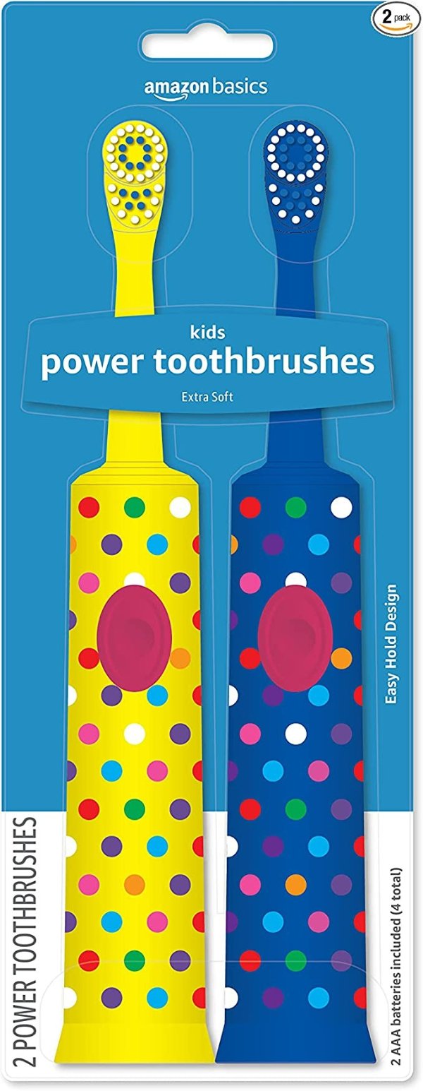 Amazon Basics Kids Battery Powered Toothbrush, 2 Count, 1 Pack (Previously Solimo)