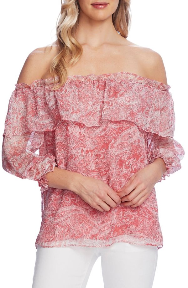 Distressed Paisley Off the Shoulder Blouse