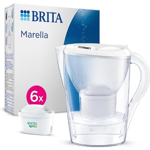 Marella Water Filter Jug Half Year Pack - White (2.4 Litre) with 6x MAXTRA PRO All-in-1 cartridge - fridge-fitting jug with digital LTI and Flip-Lid - now in sustainable Smart Box packaging