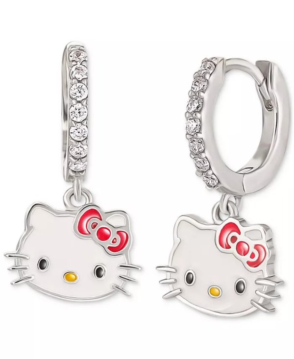 Cubic Zirconia & Enamel Hello Kitty Dangle Hoop Drop Earrings in Sterling Silver