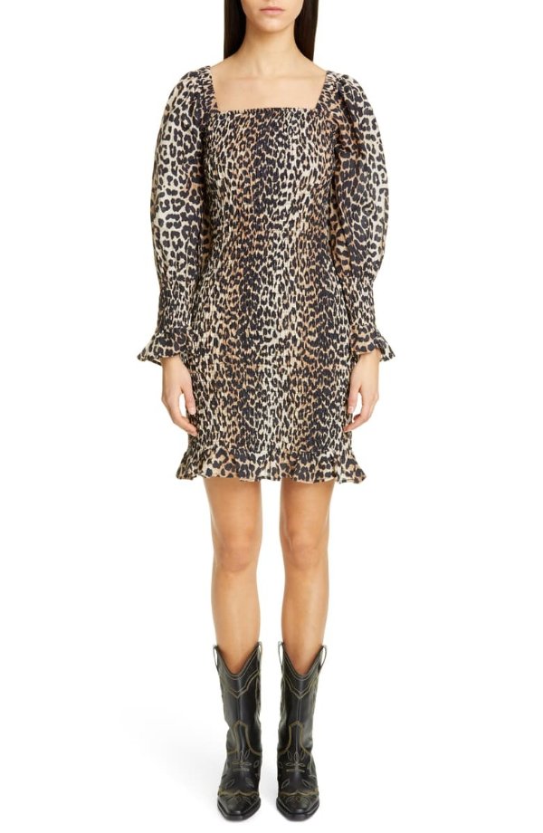 Leopard Print Long Sleeve Cotton & Silk Minidress