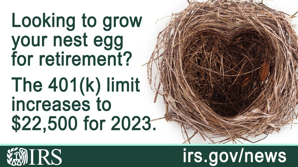 2023年401(k)限额增至22,500美元，个人退休账户限额增至6,500美元