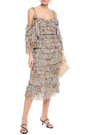 Cold-shoulder tiered printed cutout silk-georgette midi dress