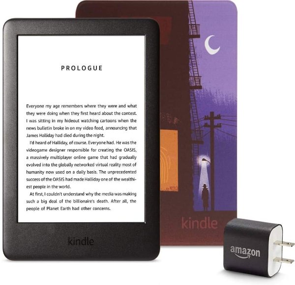 Kindle Essentials Bundle including Kindle, now with a built-in front light, Amazon Printed Cover, and Power Adapter